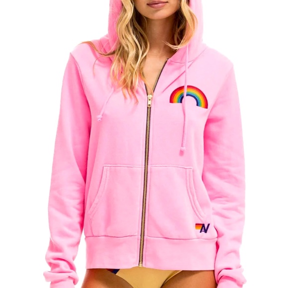 Aviator Nation Tops - Aviator Nation Rainbow Embroidery Hoodie - Neon Pink - Small (NWT)